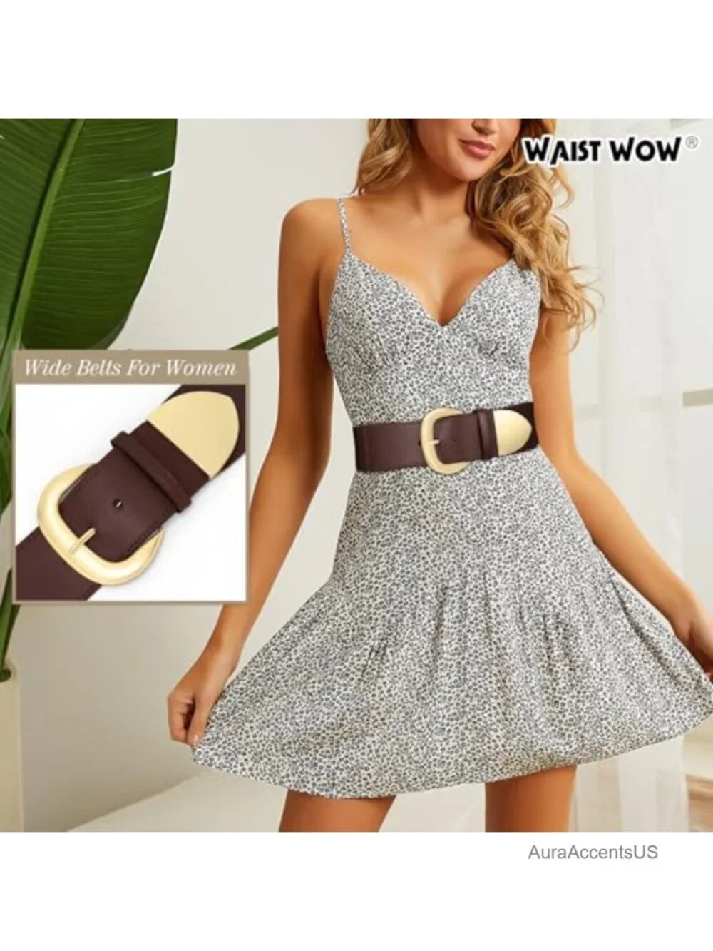 Wide Elastic Waist Belt Gold Buckle Thick Stretchy Belt for Dresses